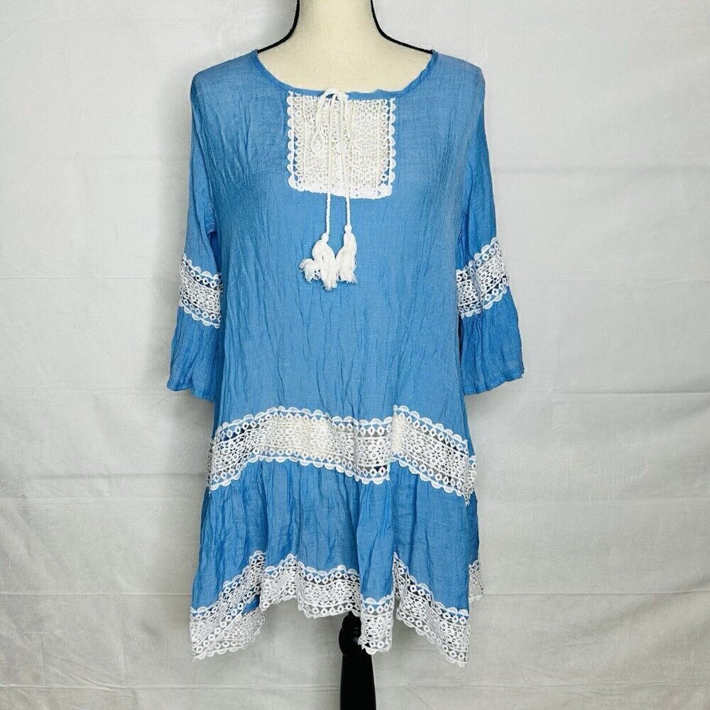 Swimsuit Coverup Dress Women One Size Blue White Crochet Lace Trim Boho Peasant